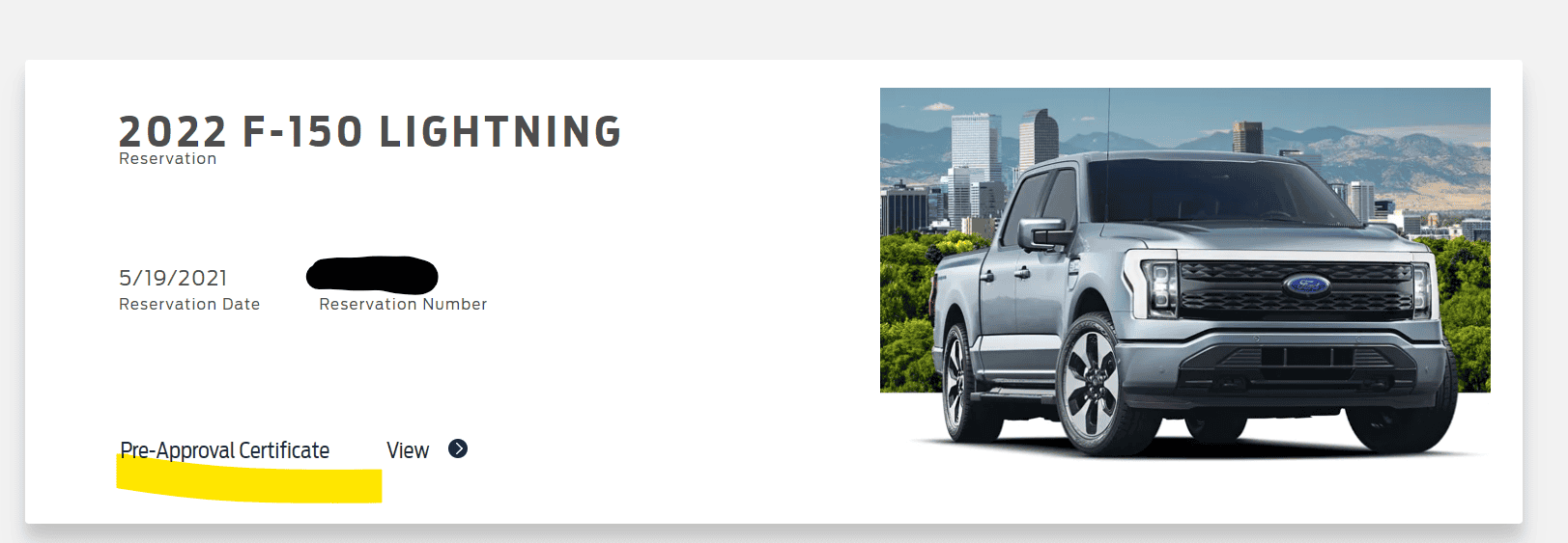 Ford F-150 Lightning Pre-approval Certificate on reservation page 1643766337211