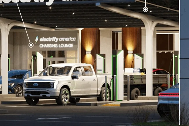 Ford F-150 Lightning Electrify America Unveils New "Oasis" Charging Station and Charger Design. Press Release Features F150L and Pull-Through Charging Spots 1648133679033