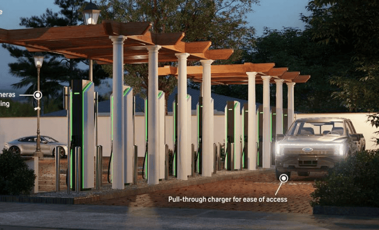 Ford F-150 Lightning Electrify America Unveils New "Oasis" Charging Station and Charger Design. Press Release Features F150L and Pull-Through Charging Spots 1648133724956
