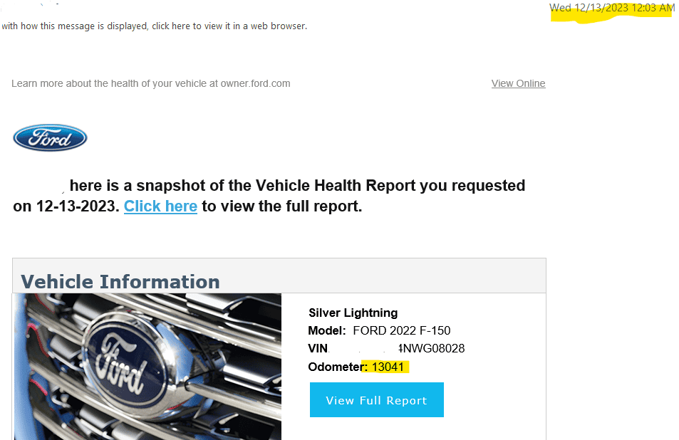 Ford F-150 Lightning Vehicle Health Report {Wrong Mileage} 1702488029201