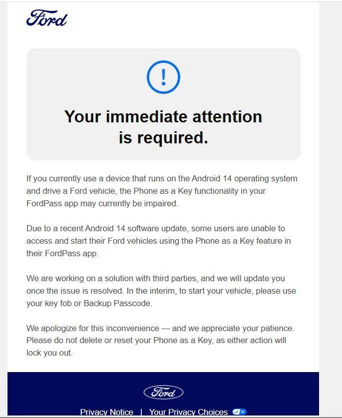 Ford F-150 Lightning Android 14 doesn't play well with Phone as a Key 1734632680369-6