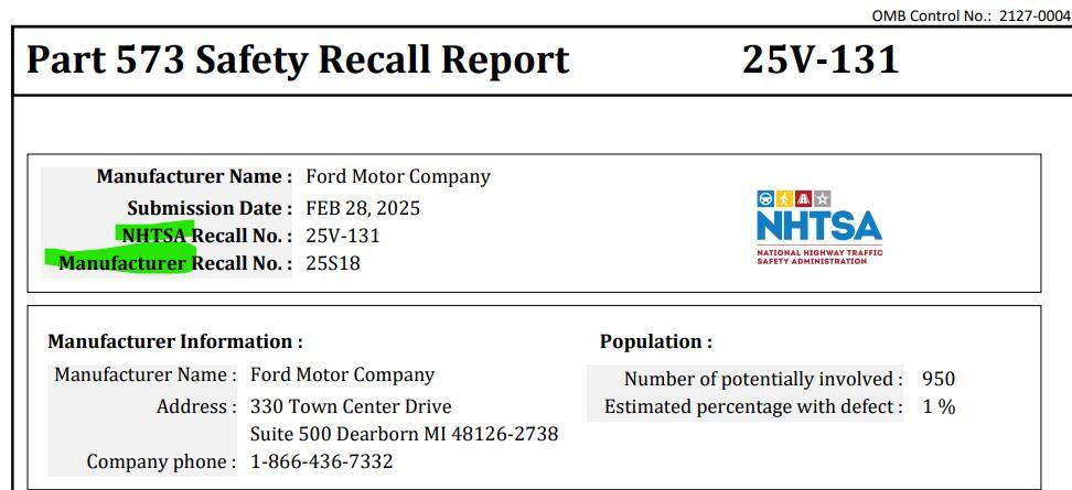 Ford F-150 Lightning Parts are in for Recall 25V131 aka 25s18, Internal short circuit in High Voltage battery. 1751830994274-rk