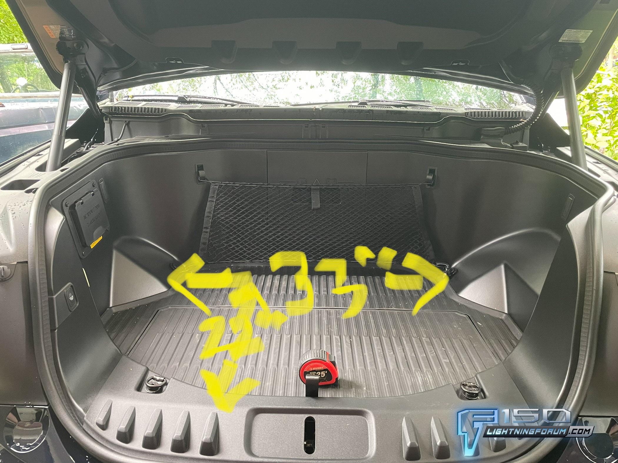 Ford F-150 Lightning What the frunk? Lightning front trunk dimensions / measurements and configurations - photos 2022 F150 Ford Lightning Frunk Front Trunk Dimensions 1