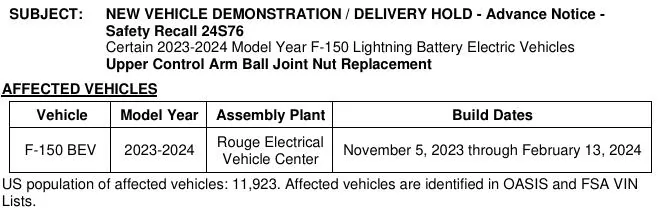 Ford F-150 Lightning NHTSA Recall - Loss of Steering from Front Control Arm Separation (Impacting certain 2023 to 2024 builds) 24S76_Advance_Notic