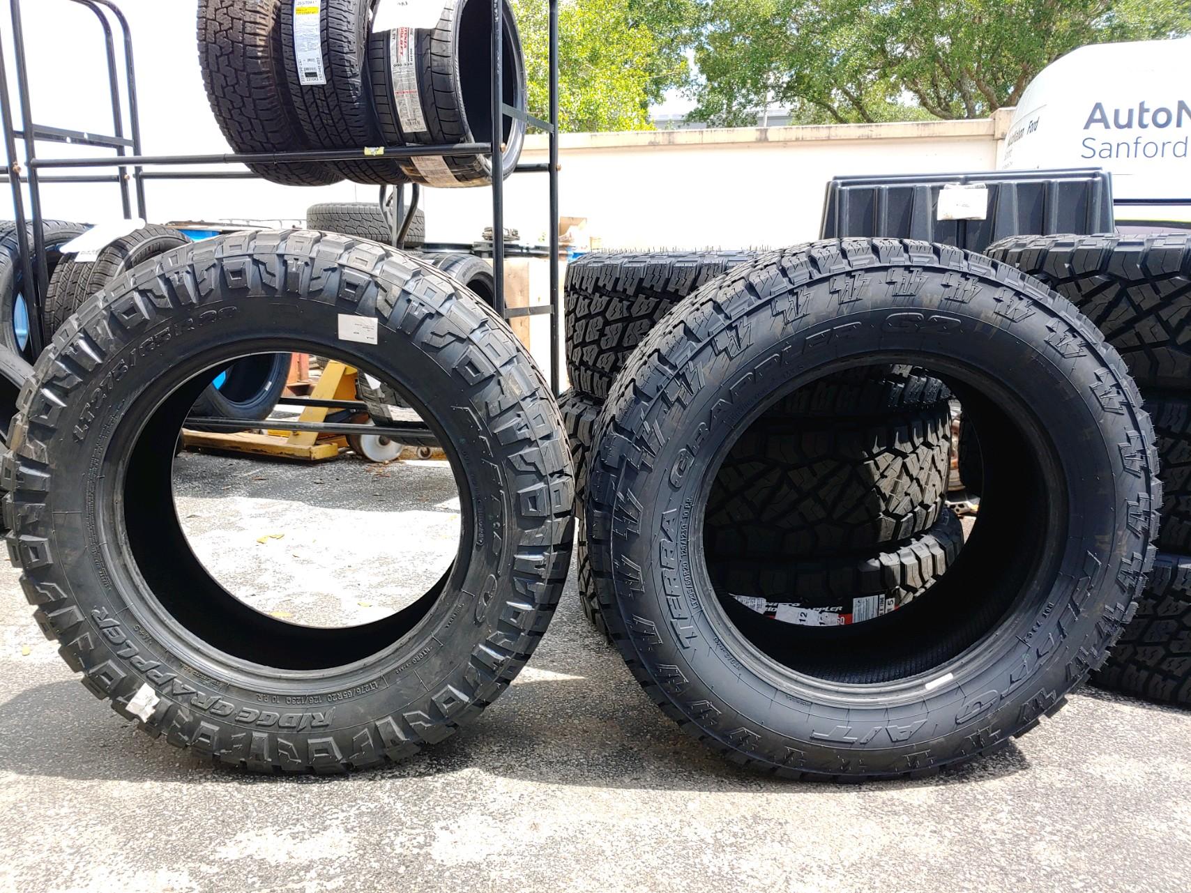 Ford F-150 Lightning 275/65/20 Nitto Ridge Grappler VS 295/60/20 Terra Grappler side by side visual comparison. 2596