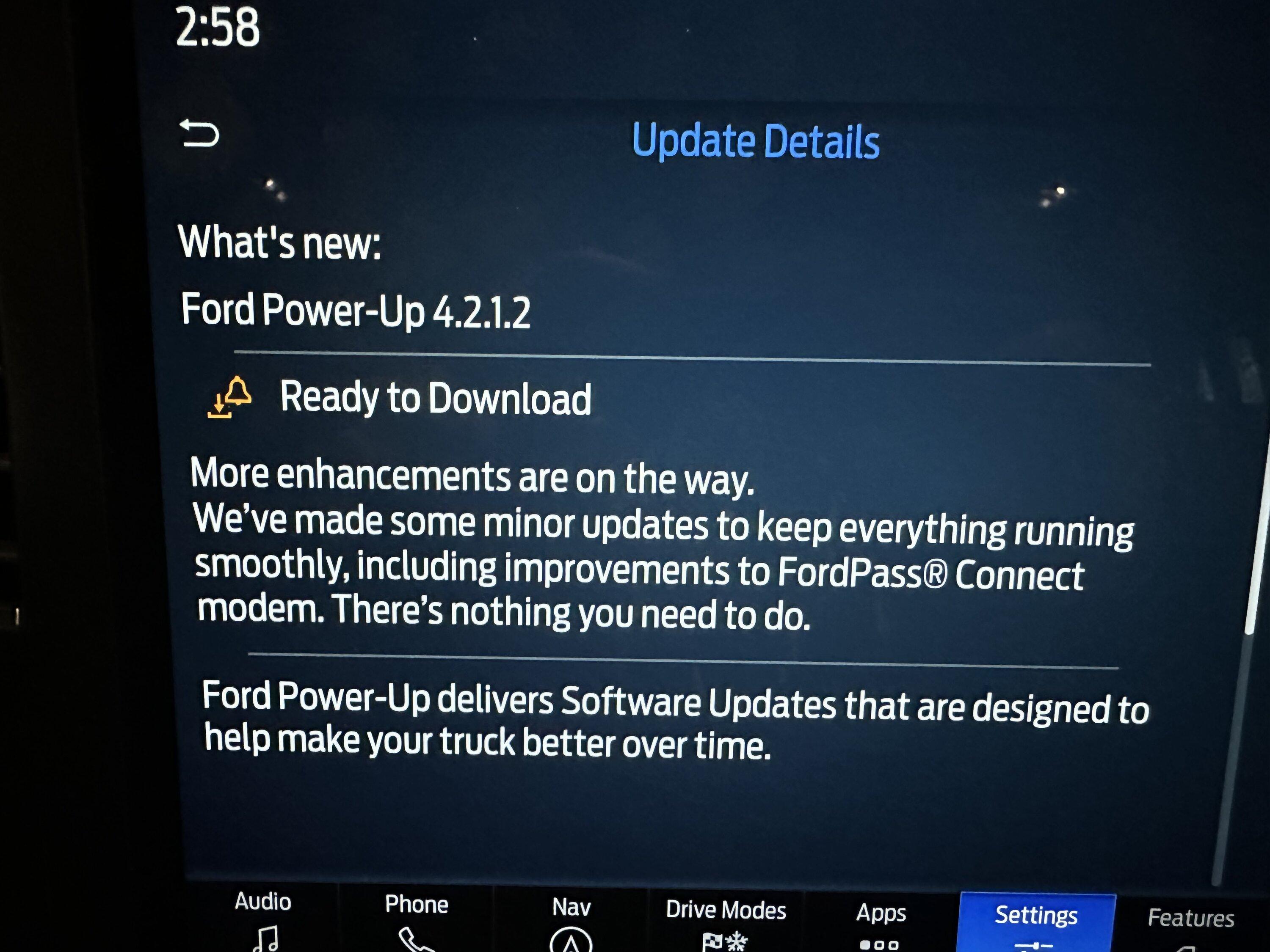 Ford F-150 Lightning Power-Up 4.2.1.2 - Addresses modem issue 583ABCD5-4F1C-4C47-A0B8-7600C3ACD9D8