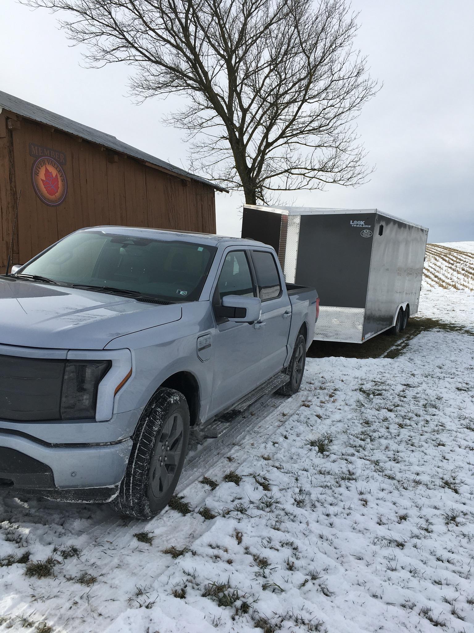 Ford F-150 Lightning I towed a brick (box trailer) in sub-freezing temperatures and the Lightning did great! 71D7E1AA-9077-41AE-8340-9BBD18F086C8