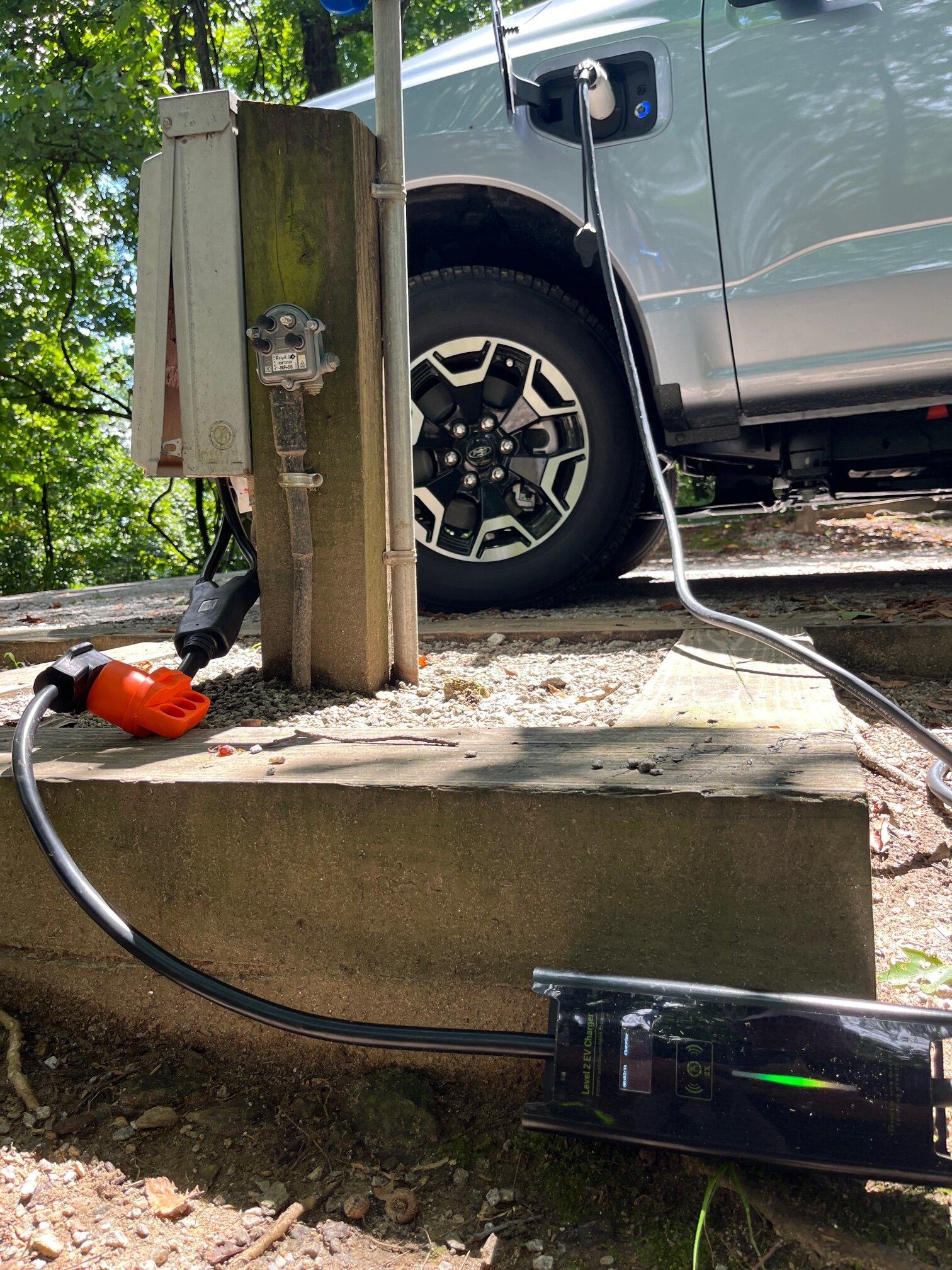 Ford F-150 Lightning Successfully Charging with TWO 30amp 120v outlets, for 240v power, at a campground... Charging from Two 30a 120v outlets, for 240v power at a state park.JPG