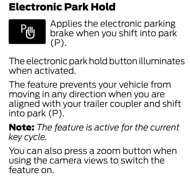 Ford F-150 Lightning Reverse camera hand with P symbol Electronic Park Hold to automatically set the parking brake, use camera button and hand symbo