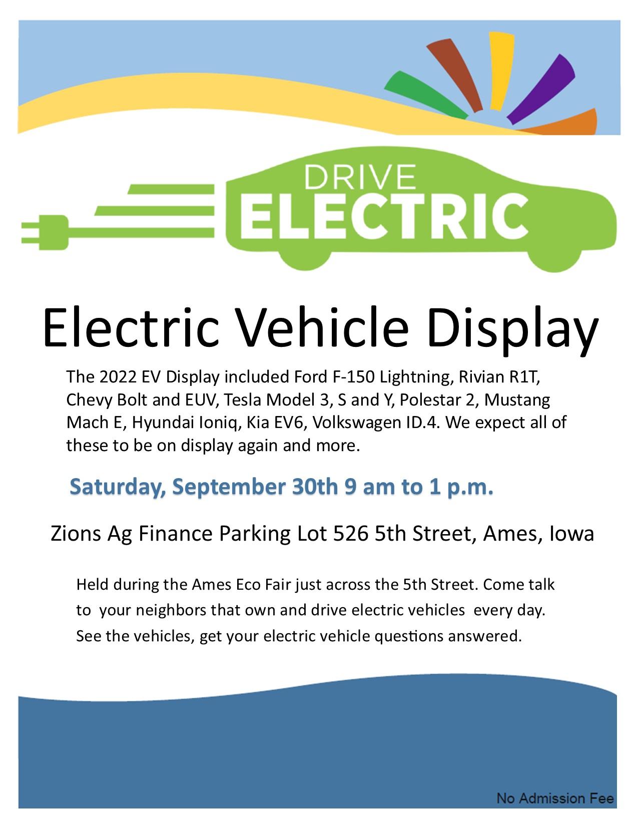 Ford F-150 Lightning Bring Your F-150 Lightning to the EV Display across from the Ames EcoFair for National Drive Electric Week EV Displaly 2023 Flyer v2