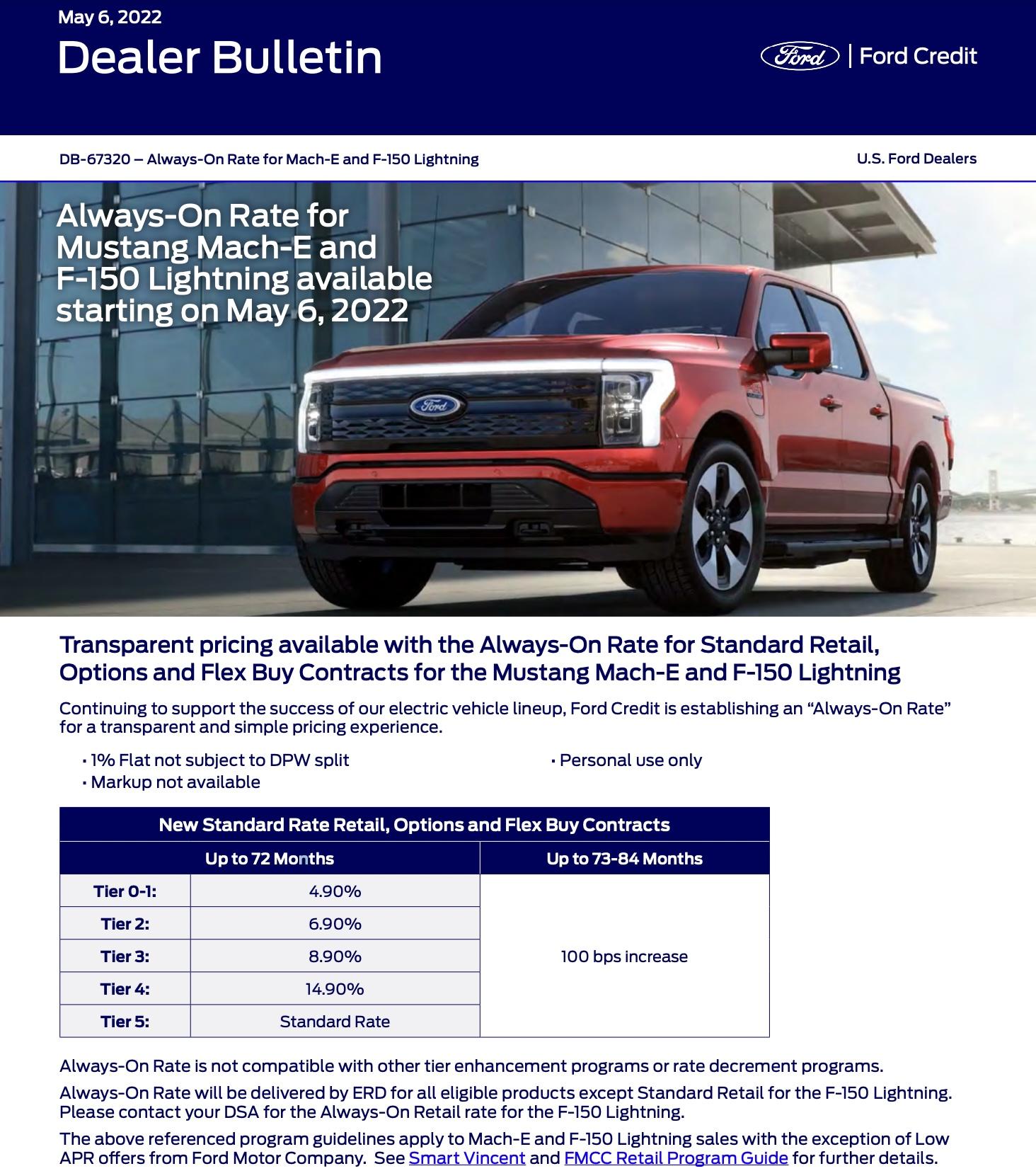 Ford F-150 Lightning F-150 Lightning Always-On Financing Rates Released - Effective May 6, 2022 F150 Lightning Finance Rates Bulletin