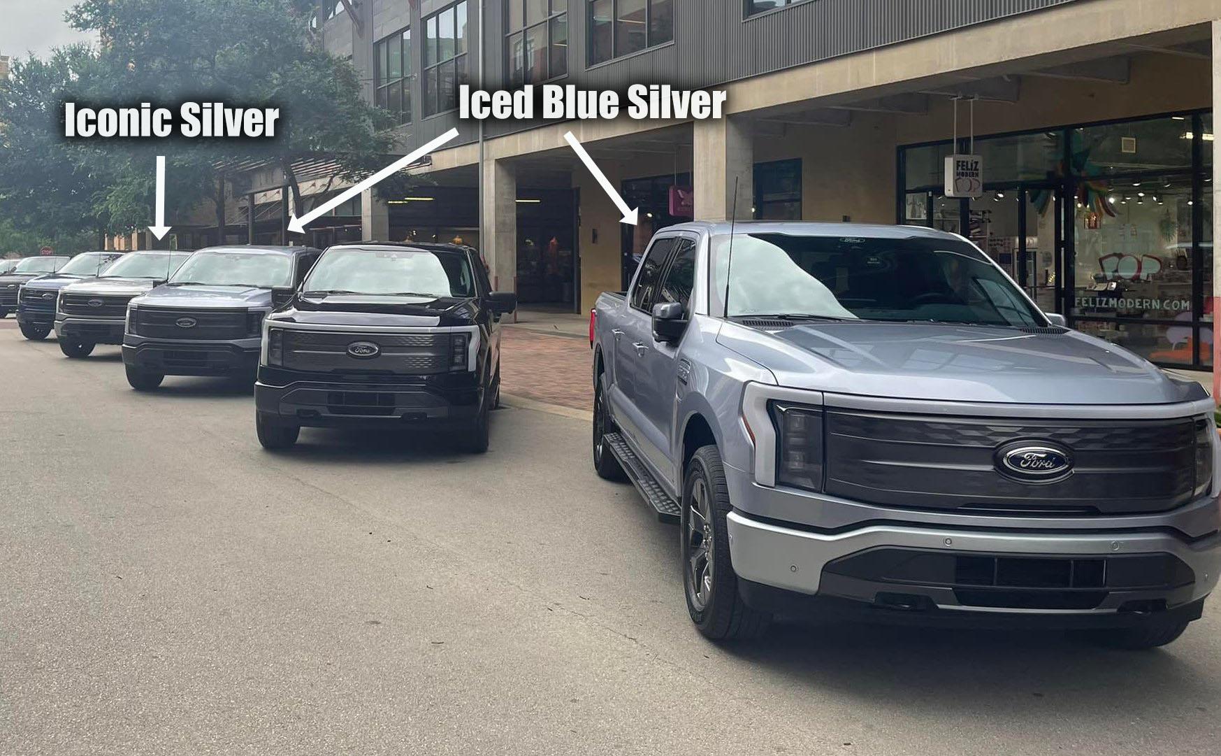 Ford F-150 Lightning Iced Blue Silver vs Iconic Silver F-150 Lightning Side-by-Side Comparison Photos F150 Lightning Iconic Silver vs Iced Blue Silver comparison vs side by side