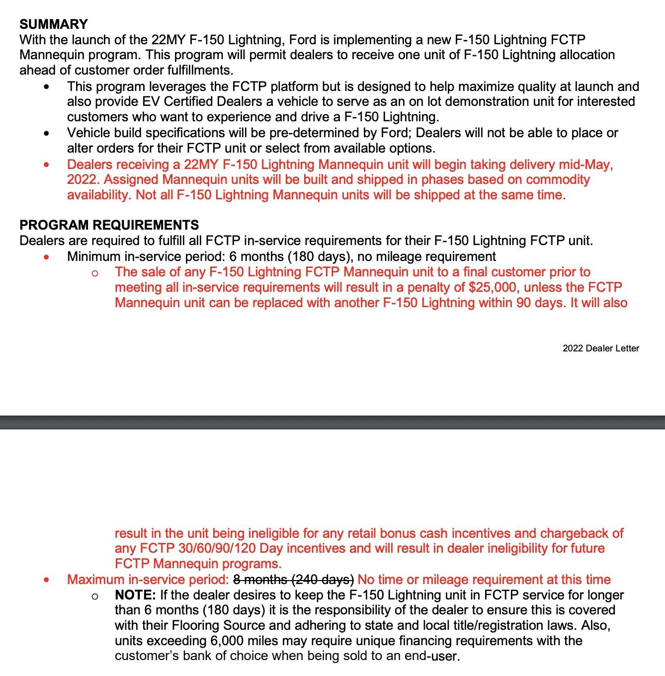 Ford F-150 Lightning Ford warns dealers: do not sell Lightning demo vehicles early or face $25K fine + other penalties F150lightning FCTP sales restriction warnin