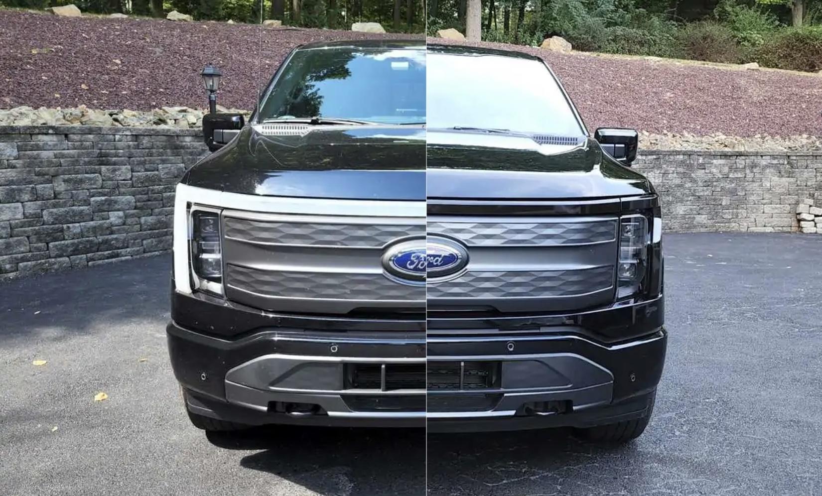 Ford F-150 Lightning Tinted front light bar on F150 Lightning using special tint made for lights ford-f-150-lightning-with-tinted-front-light-bar tint before after