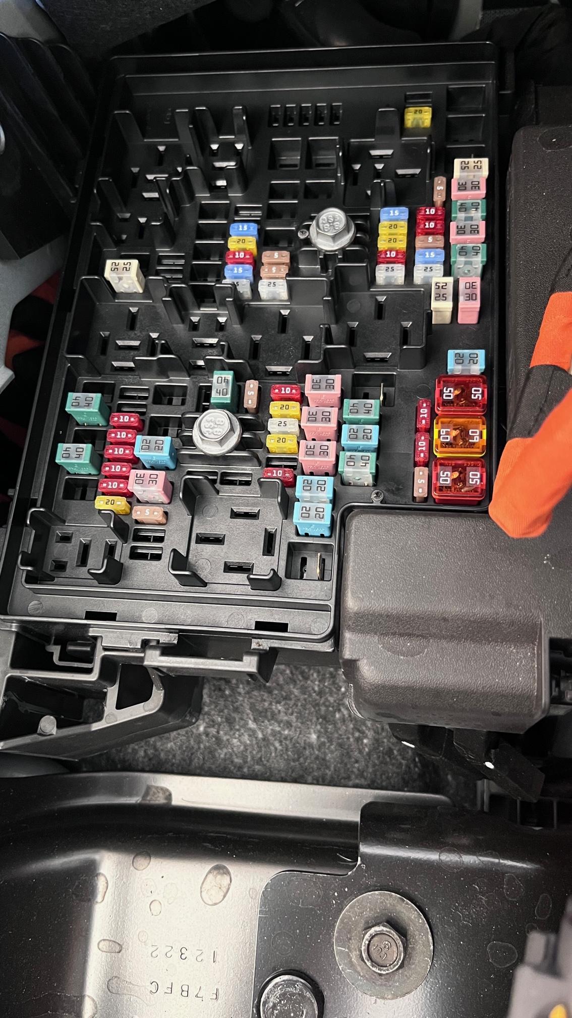 Ford F-150 Lightning FUSE BOX location and on-screen fuse locator/labels... FUSE box, left corner Passenger side, micro fuses