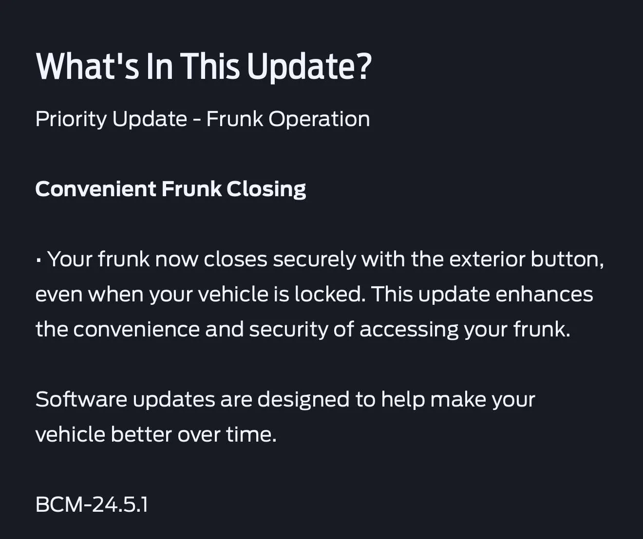 Ford F-150 Lightning Priority Update - BCM-24.5.1 - Convenient Frunk Closing image0