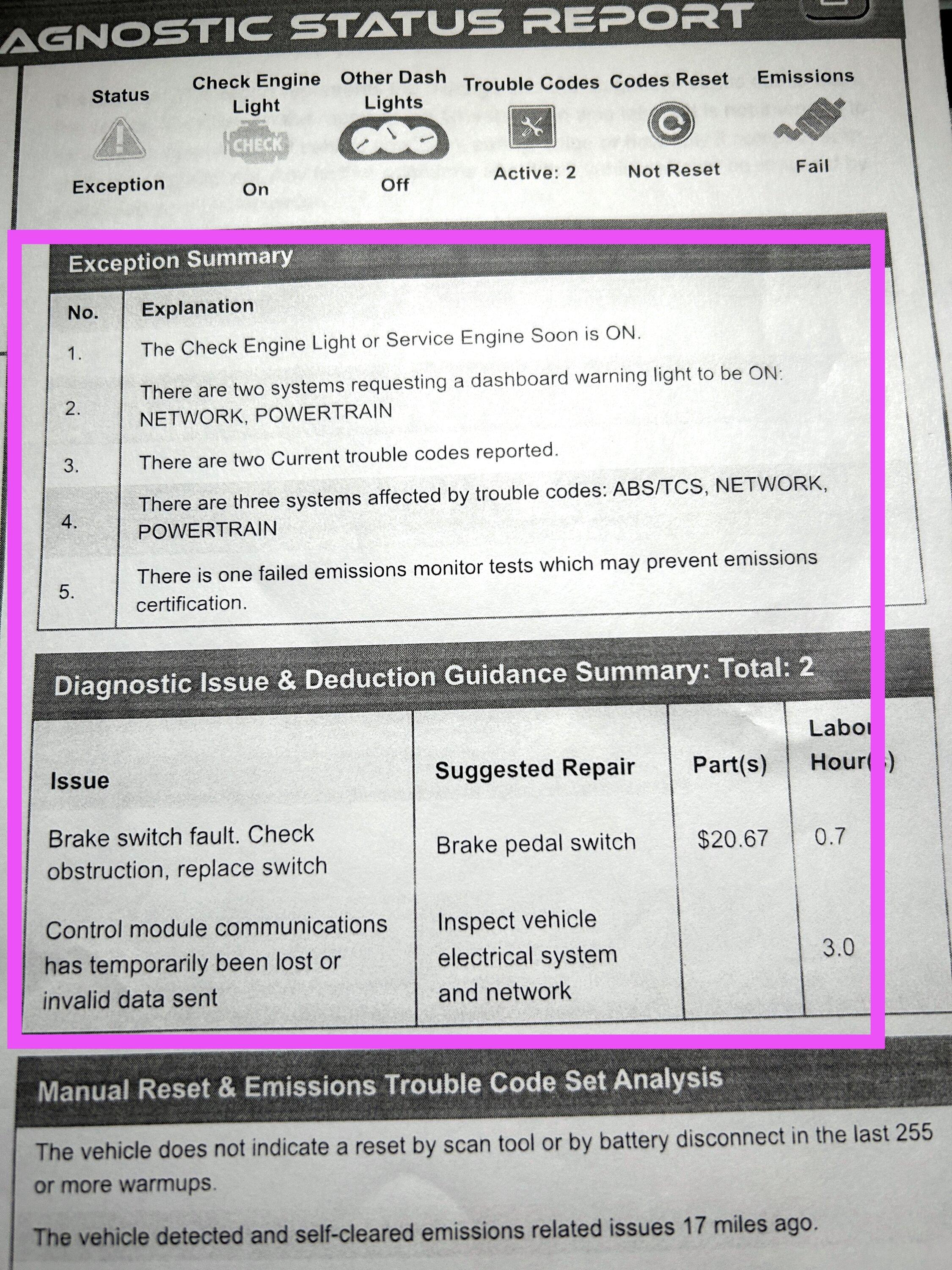 Ford F-150 Lightning 10K service found OBD CEL: brake switch fault & control module comm system faults IMG_0756.JPG