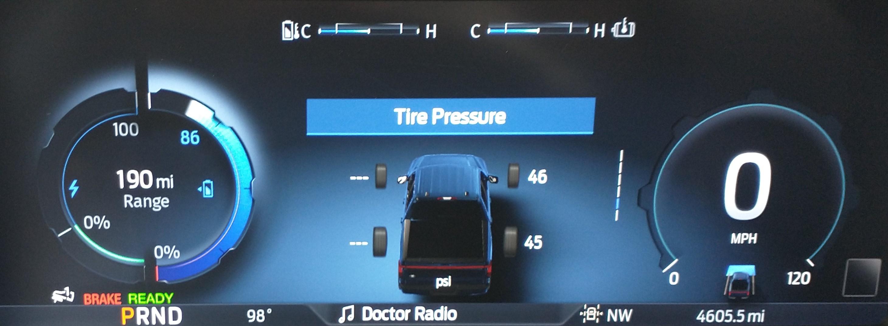 Ford F-150 Lightning When did Instrument Panel Charge level & Speedometer change from blue to white w stripes? and other design questions! IMG_20230725_120600796 a couple of tire pressures missing after update - showed later in FordP