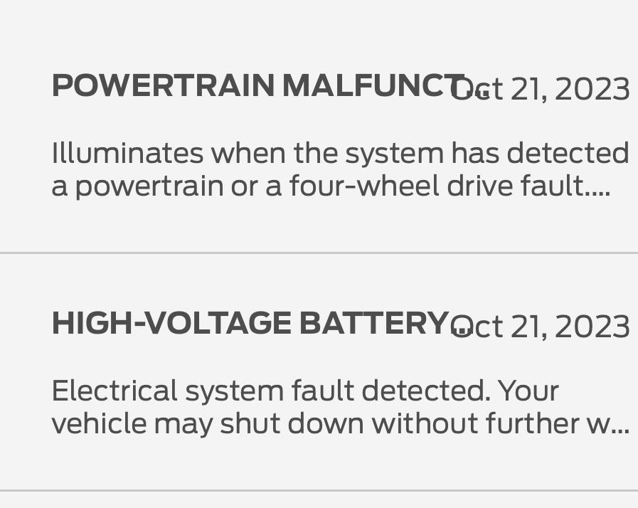 Ford F-150 Lightning Stop Driving Immediately: high voltage battery and power train warning IMG_2199