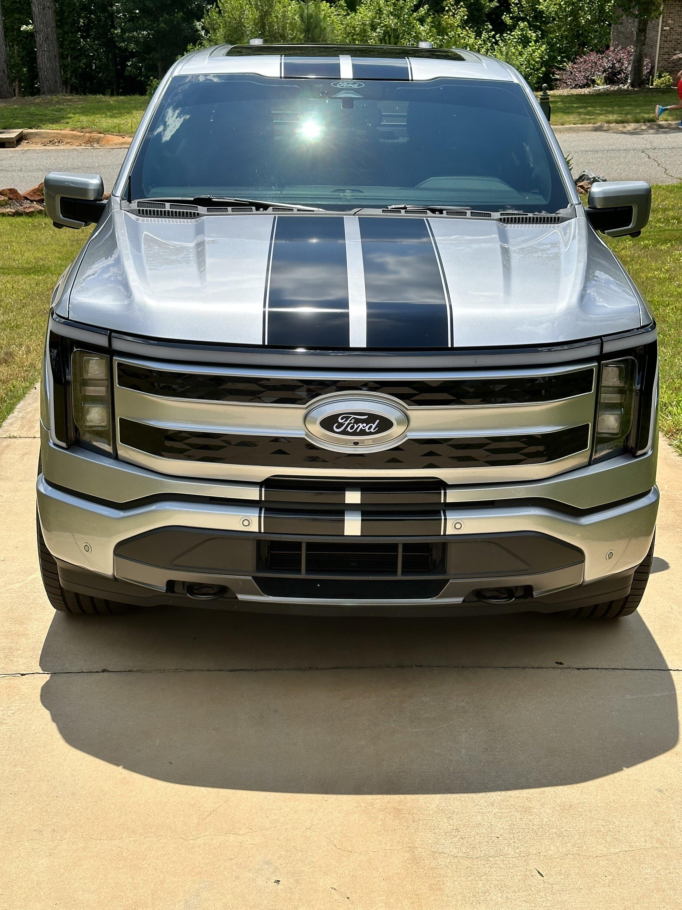 Ford F-150 Lightning Rally stripes installed on Iconic Silver Lightning IMG_5069