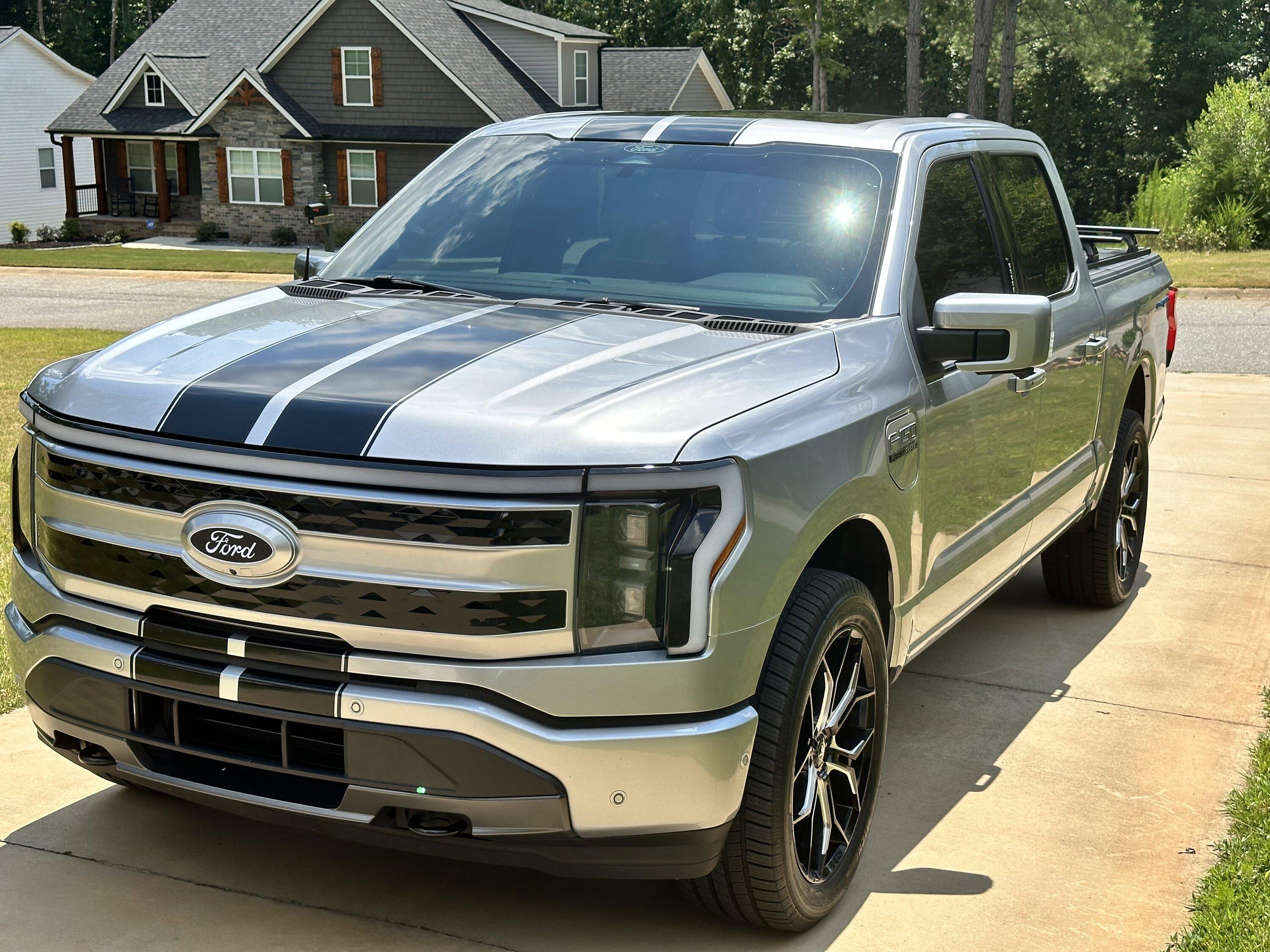 Ford F-150 Lightning Rally stripes installed on Iconic Silver Lightning IMG_5078