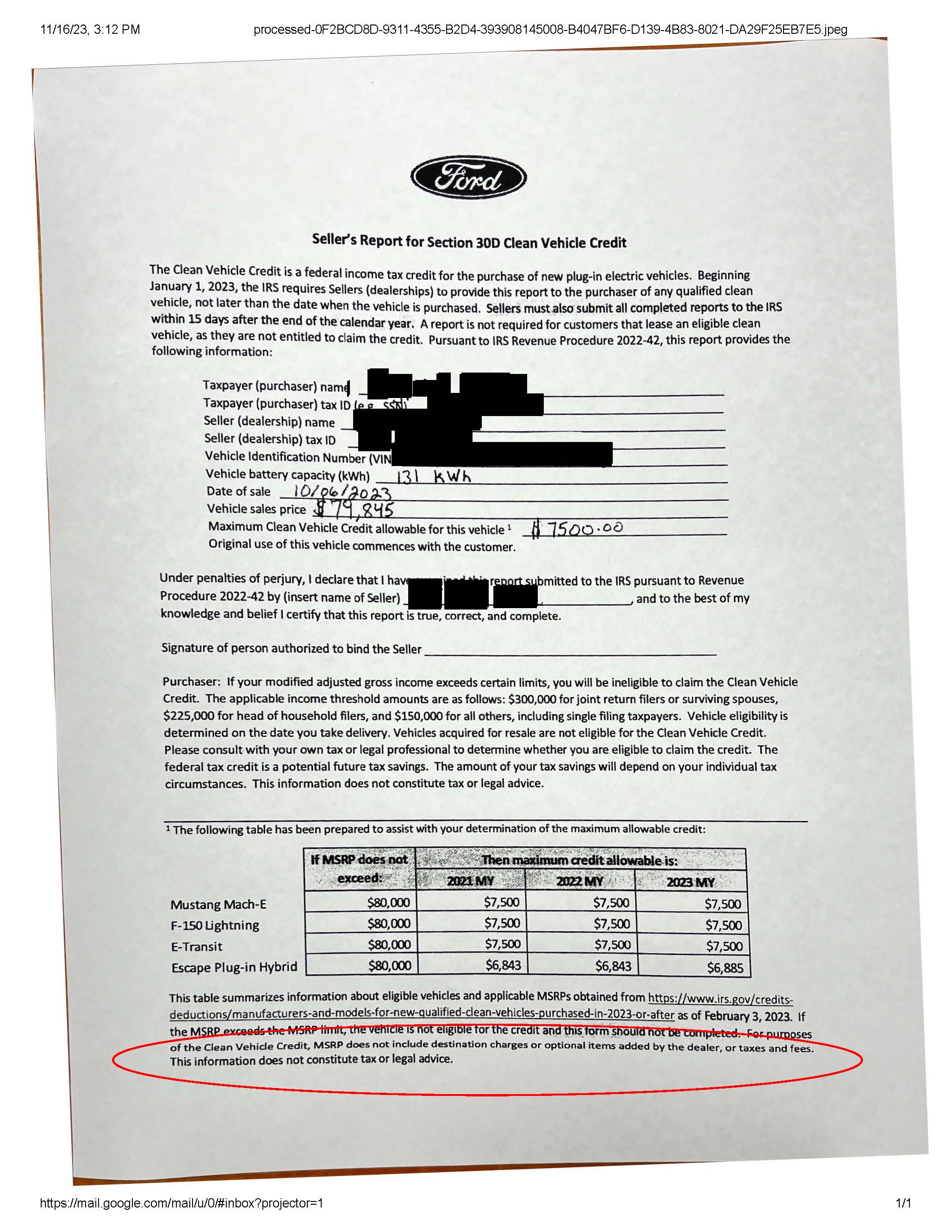 Ford F-150 Lightning 2023 IRA Tax Credit buyers report irs