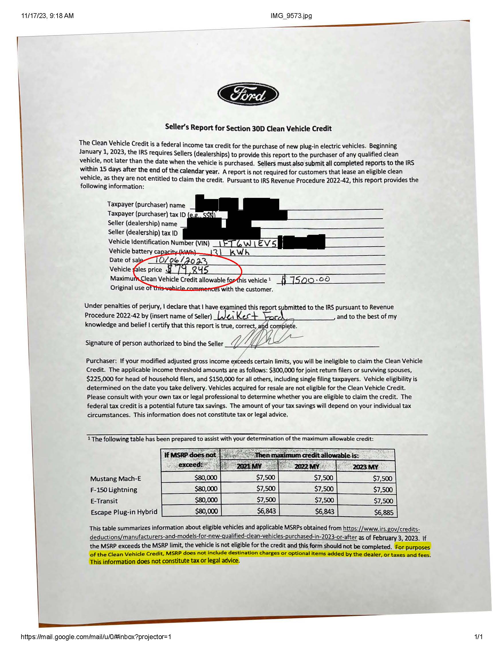 Ford F-150 Lightning Trade value shock Lightning_Tax_form