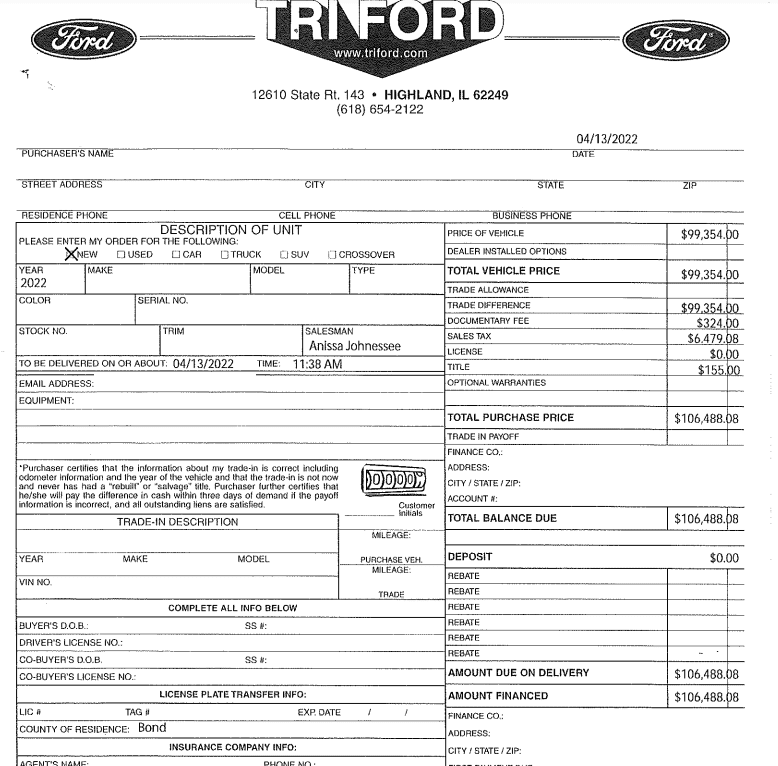 Ford F-150 Lightning Battling dealers trying to sneak ADM in even when the accepted order says $0 ADM (Tri-Ford, Highland, IL) order2