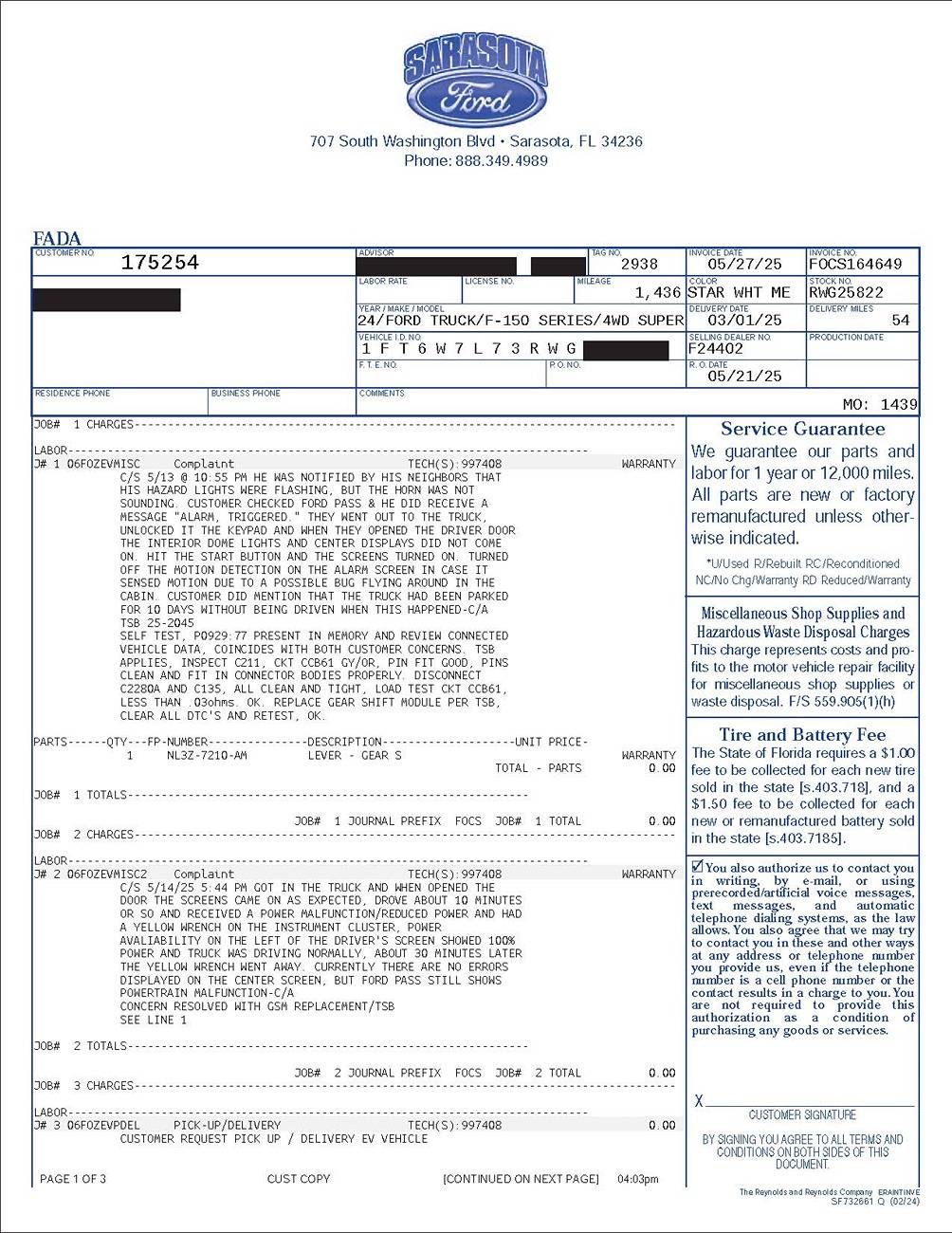 Ford F-150 Lightning Alarm activated, Later Powertrain Malfunction/Reduced Power {Fix-#14} Pages from 2024 Lightning invoce 05-07-2025