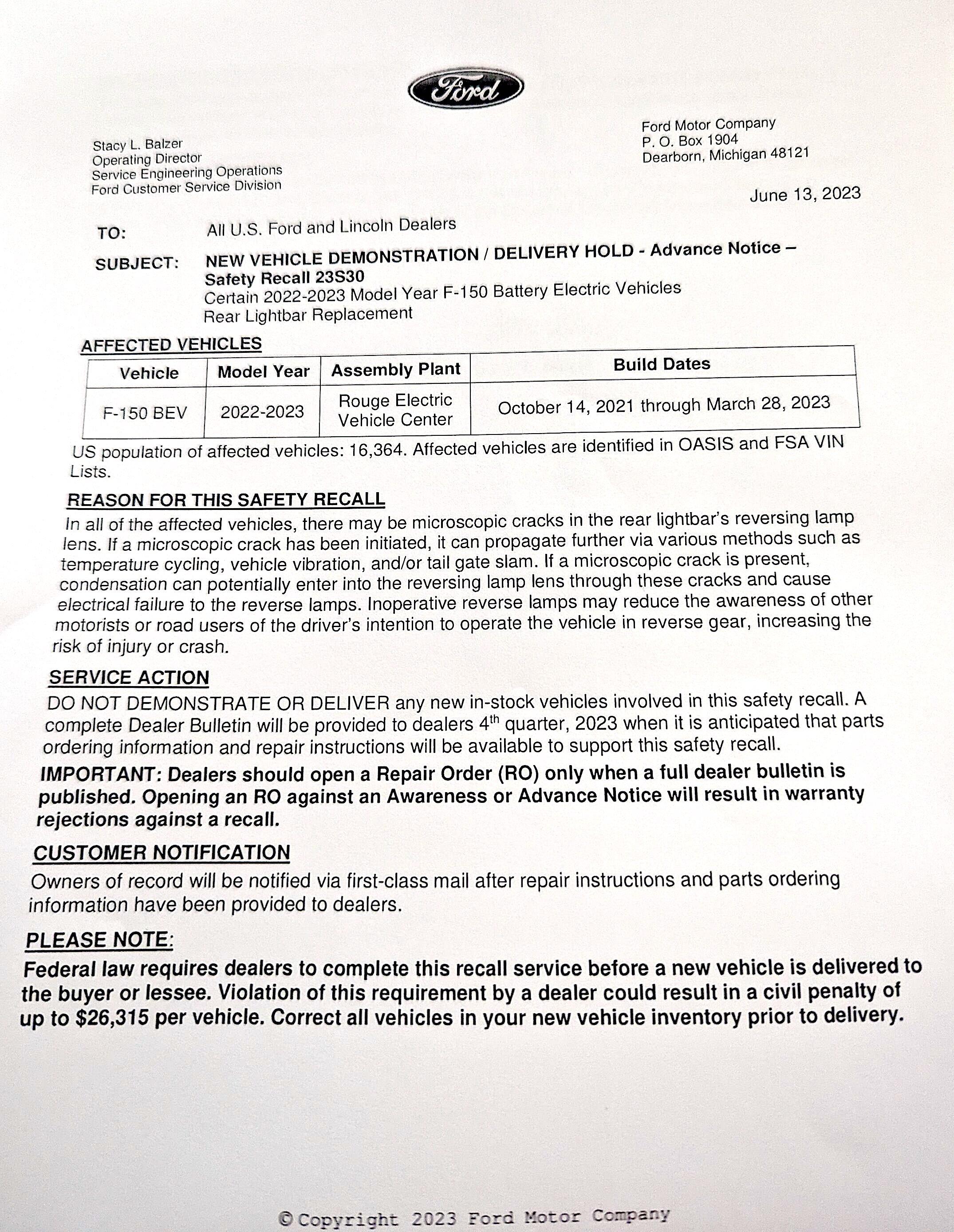 Ford F-150 Lightning TSB/Safety Recall 23S30: Rear Light bar Replacement for 2022-23 F-150 Lightning safety-recall-f150-lightning-rear-lightbar-replacement