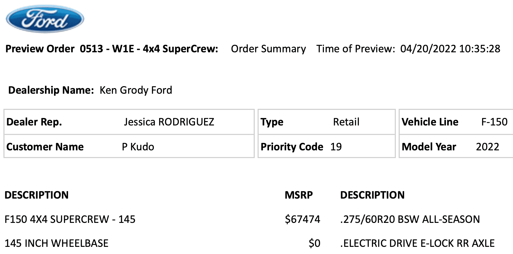 Ford F-150 Lightning Ken Grody Ford - Orange County - confirmed my F150L order, signed Docusign, confirmed no ADM, no add on accessories. Screen Shot 2022-04-20 at 11.08.33 AM