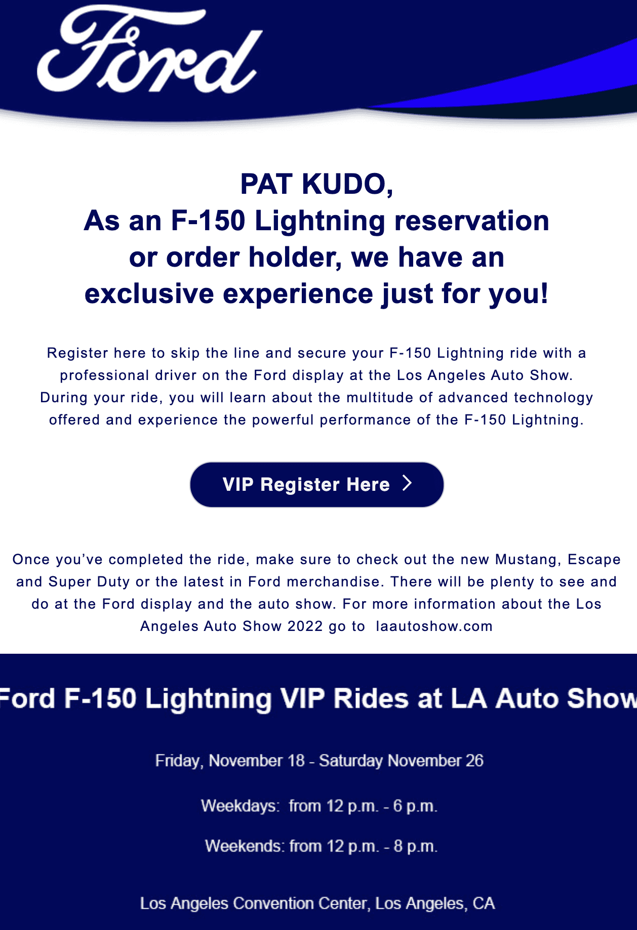 Ford F-150 Lightning Going to 2022 LA Auto Show? Ford will have professional Lightning demo driver - VIP access email Screen Shot 2022-11-17 at 7.38.40 AM