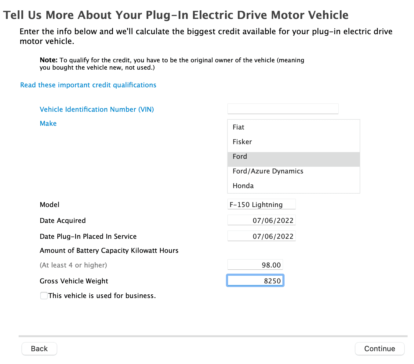 Ford F-150 Lightning IRS Form 8936 Qualified EV Credit Form / Section Now Available in TurboTax Screen Shot 2023-02-09 at 9.00.45 AM