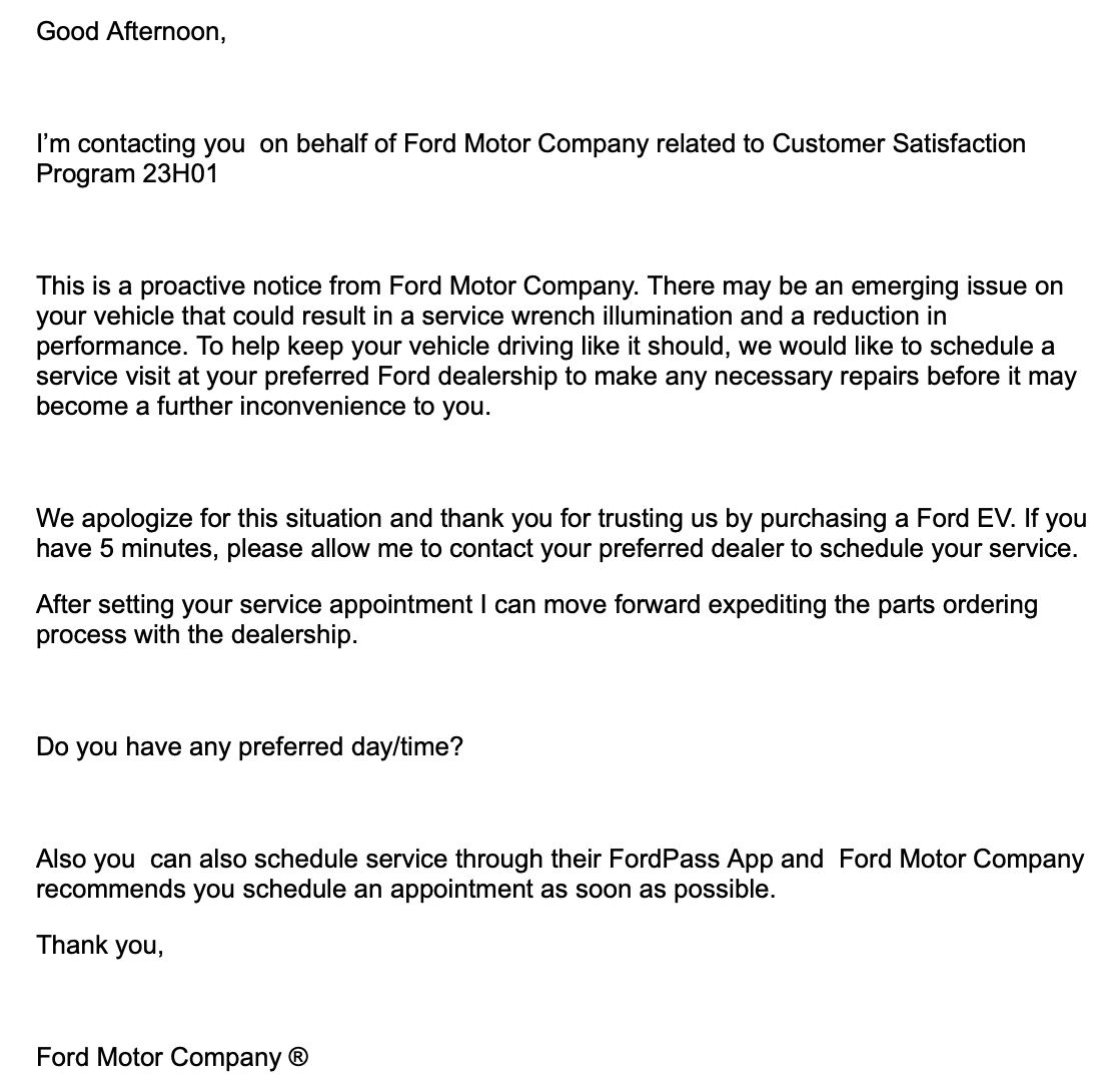 Ford F-150 Lightning Email From Ford "related to Customer Satisfaction Program 23H01" Screen Shot 2023-03-24 at 9.16.25 AM