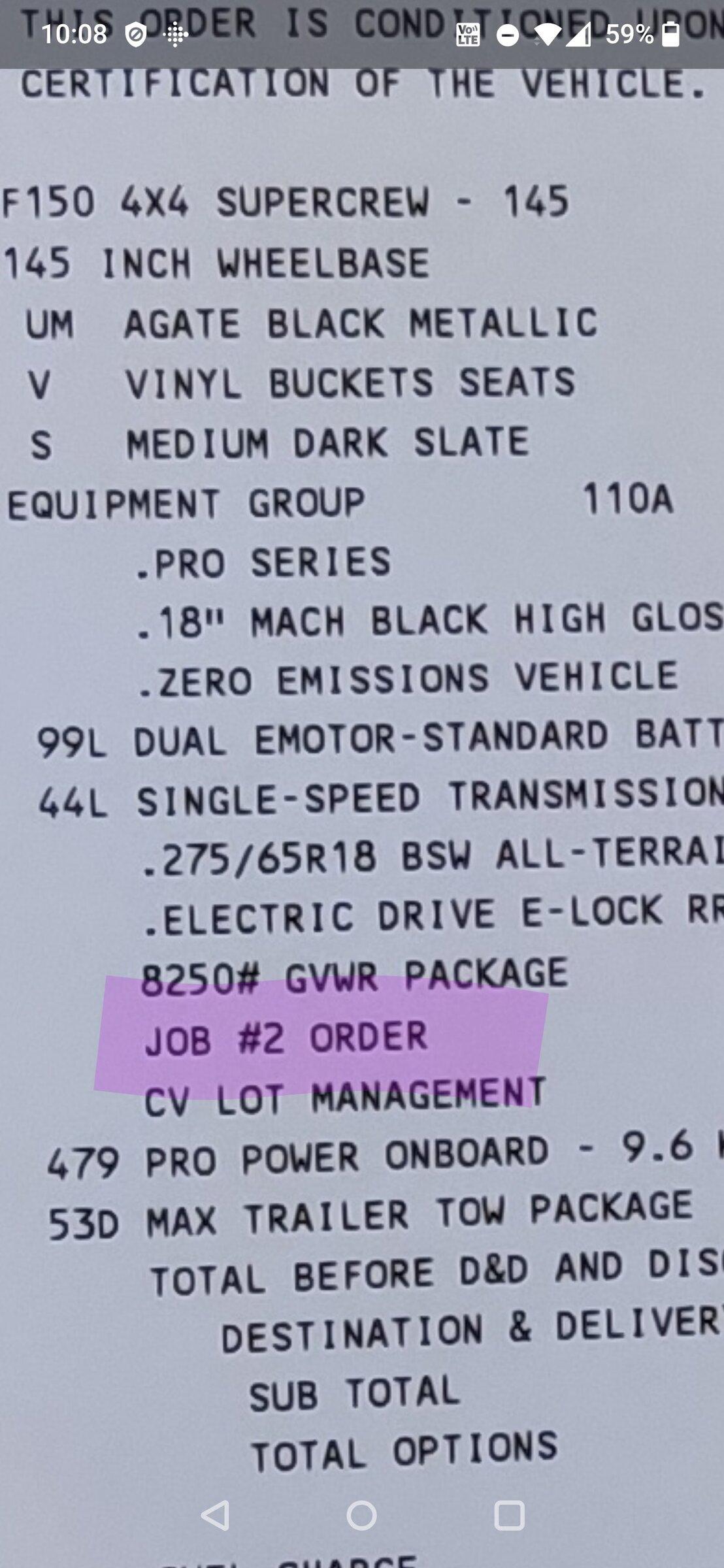 Ford F-150 Lightning "JOB #2 ORDER" on Dealer Order Receipt Acknowledgement Screenshot_20220110-220822~2