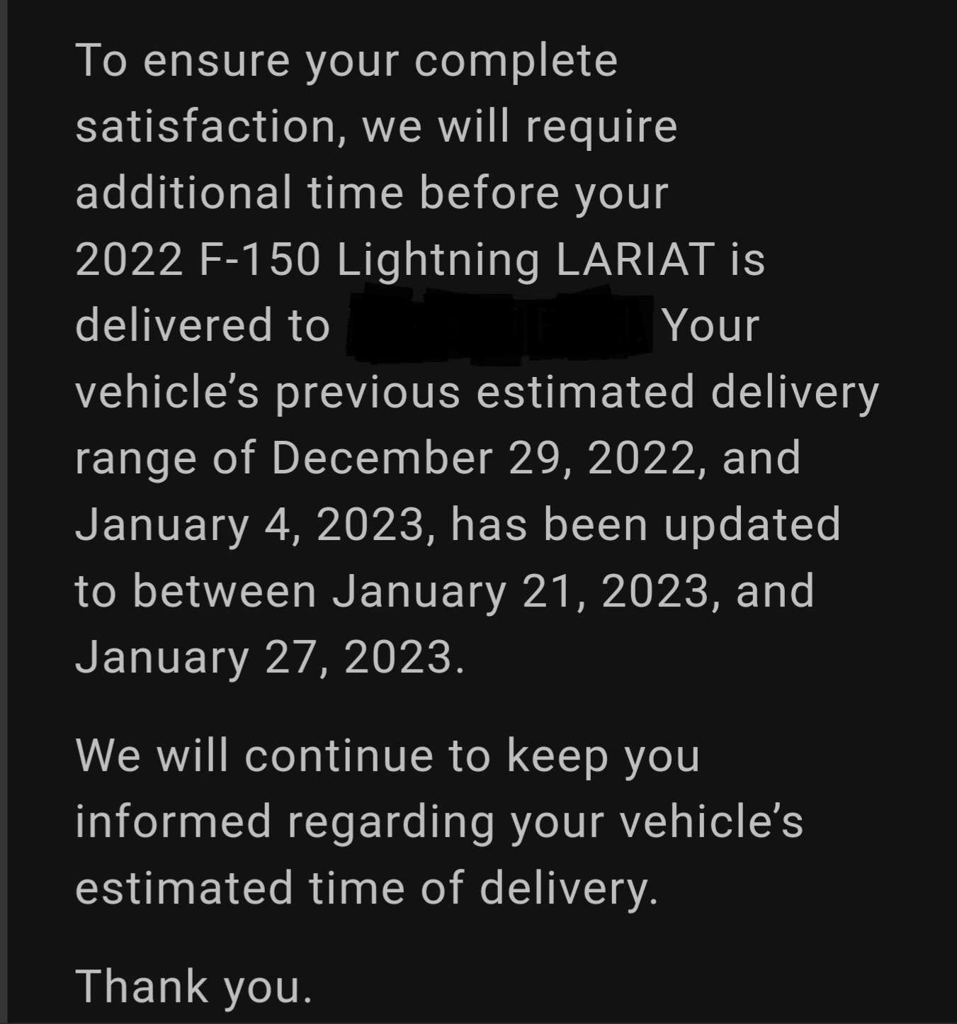 Ford F-150 Lightning Truck built 9/30 still not shipped Screenshot_20230111_115306_Gmail