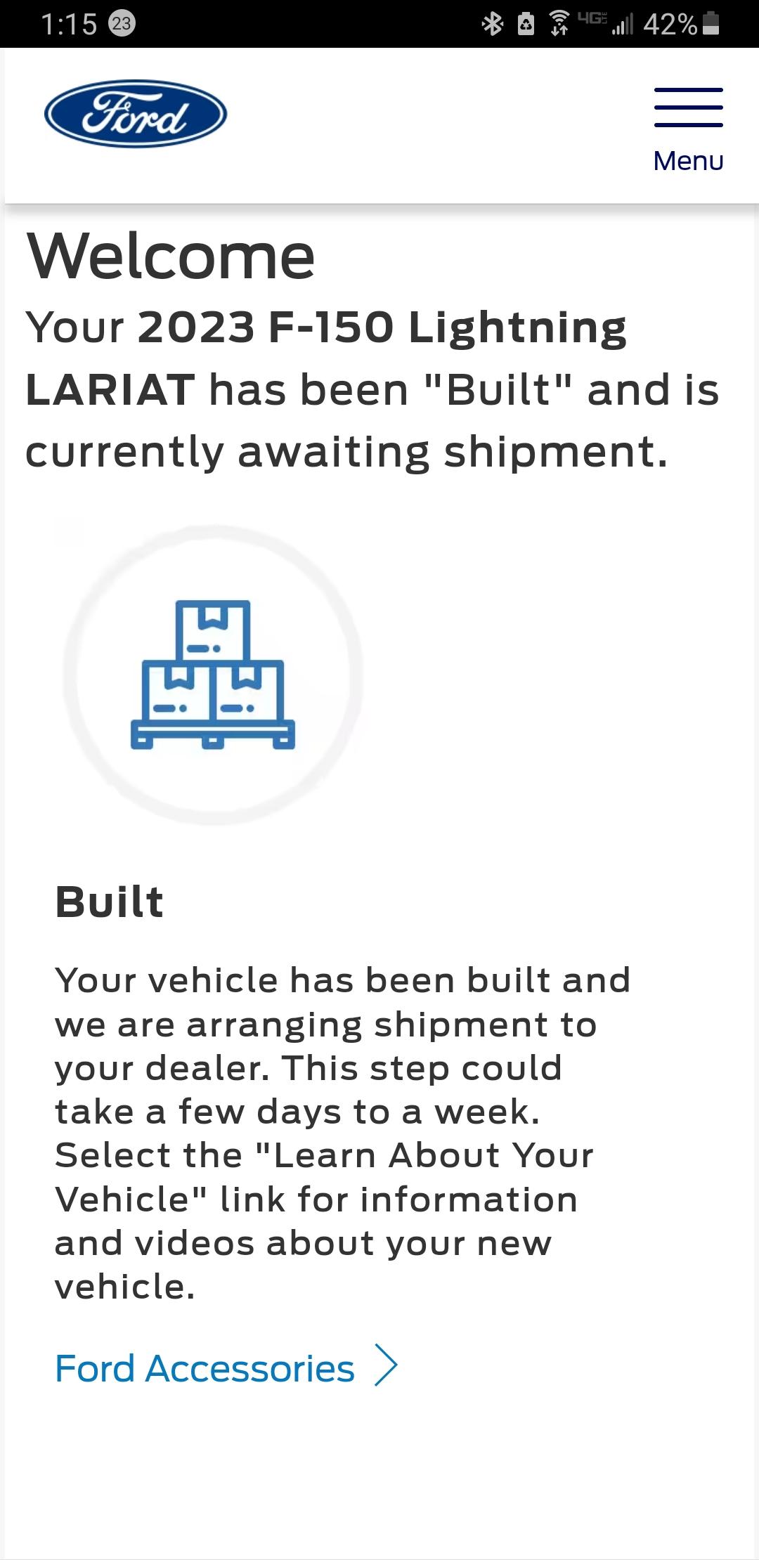 Ford F-150 Lightning My Truck Status went from "BUILT" to back to "IN PRODUCTION". Screenshot_20230124-011552_Dolphin