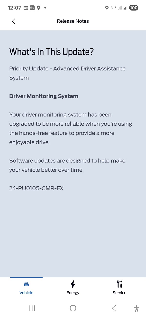 Ford F-150 Lightning Priority Update: 24-PU0105-CMR-FX. Driver Monitoring System Screenshot_20250823_000752_FordPass