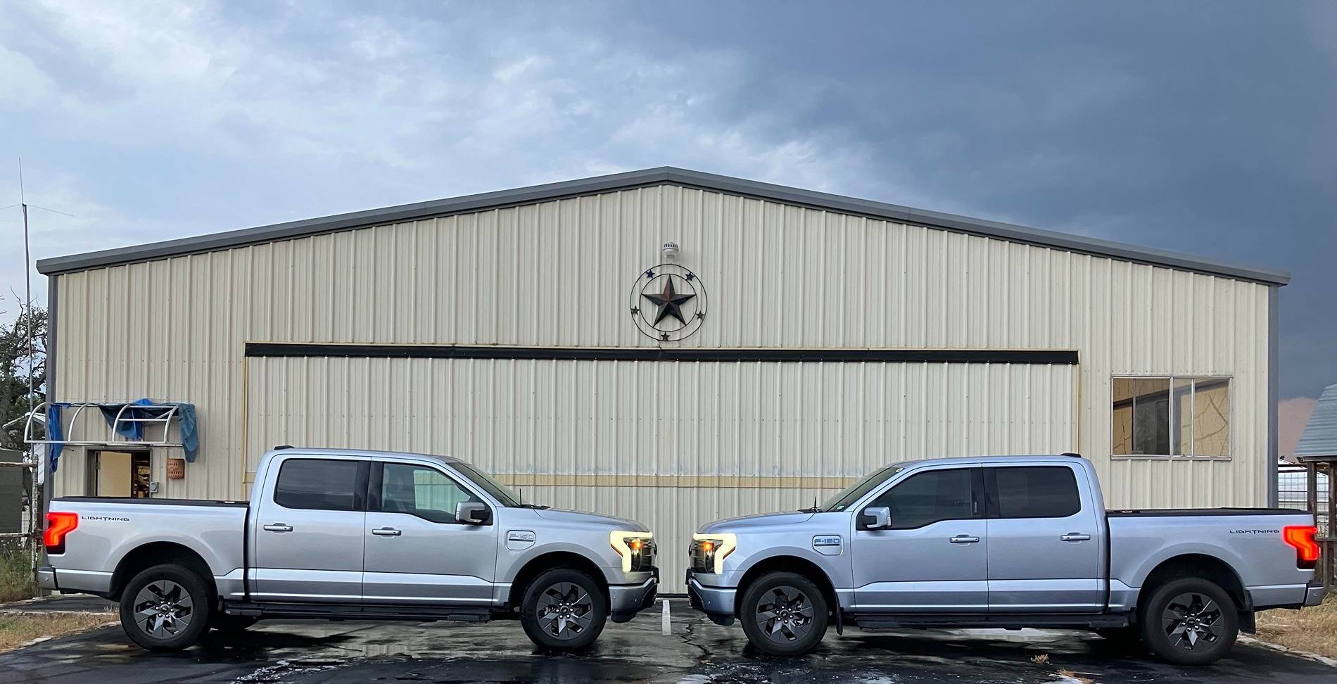 Ford F-150 Lightning Iced Blue Silver vs Iconic Silver F-150 Lightning Side-by-Side Comparison Photos Sparky & BigBlue wLights @ TLR 6-09-24