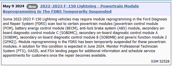 Ford F-150 Lightning CSP-23B57 for High Voltage Battery Notice SSM_52528_Lightning_Powertrai
