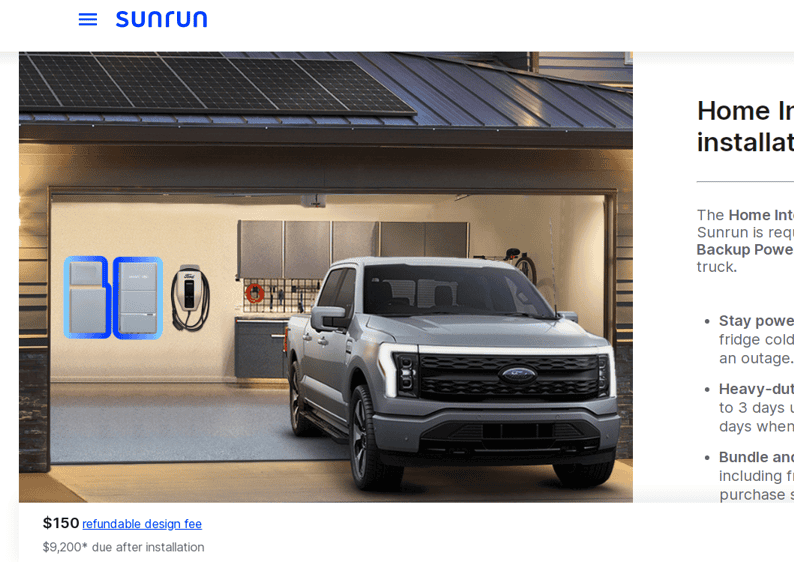 Ford F-150 Lightning SunRun Price for Charger and Home Integration System Installation Sun Run Order