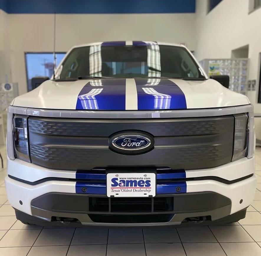 Ford F-150 Lightning How Racing Stripes Look on the 2022 F-150 Lightning white f150 lightning racing stripes