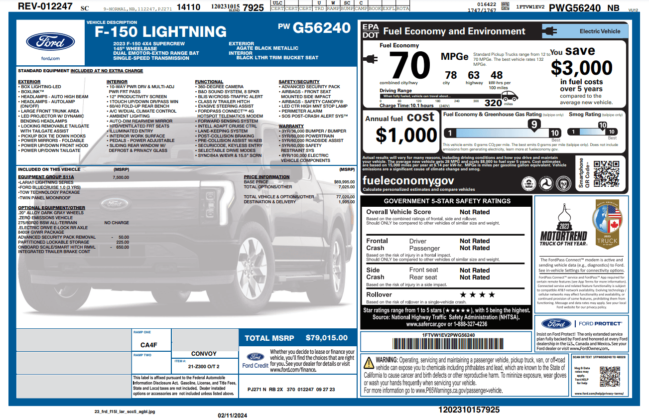 Ford F-150 Lightning New 2023 Ford F-150 Lightning Lariat Truck SuperCrew Cab - $77,599.00 Window Sticker